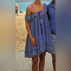 MSGM open Shoulder Navy and White Striped Dress